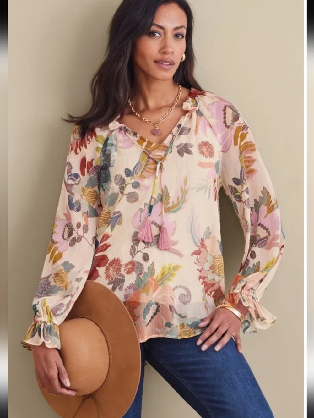 Soft Surroundings Floral Boho NWT Tunic Blouse Puff Sleeve Tassel Detail Sz XS